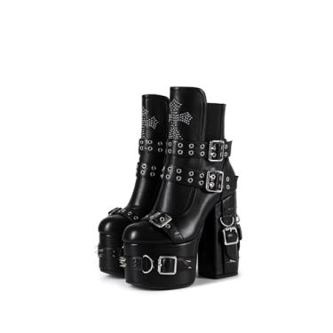 Imagem de Frankie Hsu Bota gótica feita à mão, salto alto, plataforma grossa, preta, fivela escura, cruzada, punk, gótica, Y2K, para mulheres e homens, Preto, 34