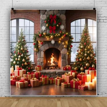 Imagem de Cenários de Natal para fotografia, 3 x 3 m, parede de tijolo rústico, janela, janela, lareira, Natal, pano de fundo, férias, amigos, decorações de festa de ano novo, adereços para fotos