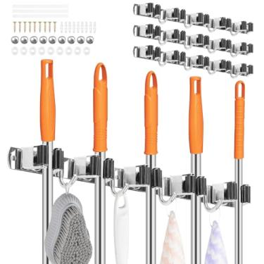 Imagem de XYDHQS Suporte de parede de 3 peças para esfregão e vassoura, organizador de rack de vassoura de aço inoxidável com 5 prateleiras e 4 ganchos, adesivo/parafuso e pinça de vassoura para ferramenta de
