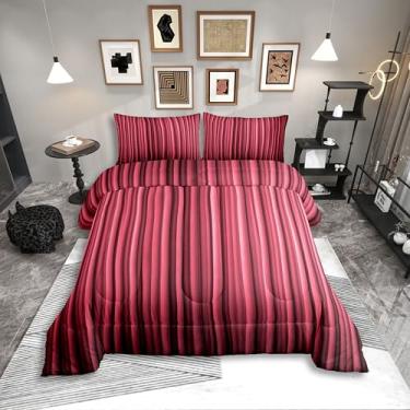 Imagem de Erosebridal Conjunto de cama queen listrado, geométrico, geométrico, 3D, para homens e mulheres, adultos, arte retrô abstrata, moderno, preto, rosa, edredom quente e macio