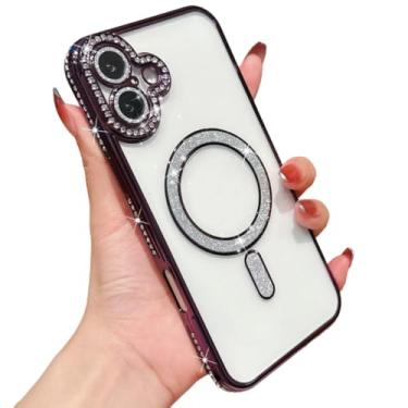 Imagem de Capa magnética transparente com glitter para iPhone 16e, compatível com carregamento sem fio MagSafe (Roxo)