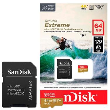Imagem de Cartão Micro SD SanDisk Extreme 64GB U3 V30 A2 com Adaptador SD 170MB/s - SDSQXAH-064G-GN6MA