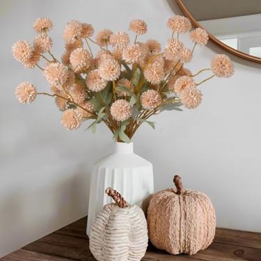 Imagem de Hananona 12 peças de flores artificiais de crisântemo, bege kiku pom pom mães flor outono arranjos florais artificiais peça central para decoração de cozinha de casa outono (12, bege)