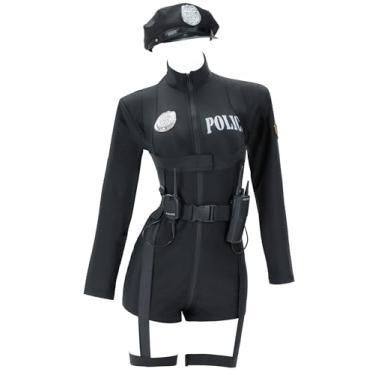 Imagem de haikyuu Conjunto de roupa de policial cosplay feminina fantasia de polícia de Halloween com body cinto perna liga brinquedo walkie talkie chapéu (preto 2, 2GG)