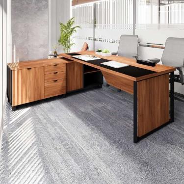 Imagem de Mesa de Escritório Executiva 200cm com Armário Lateral e Caixa de Tomadas Corporate Nogal/ Preto