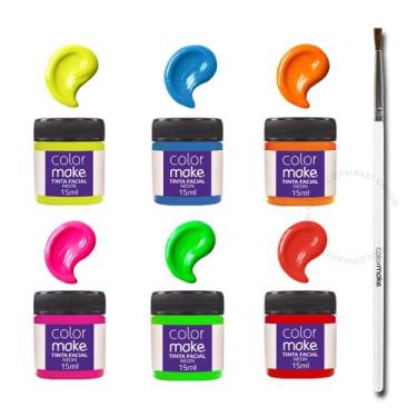 Imagem de 6 Tintas Neon Pincel Facial Color Make Maquiagem Festa Fluorecente - C