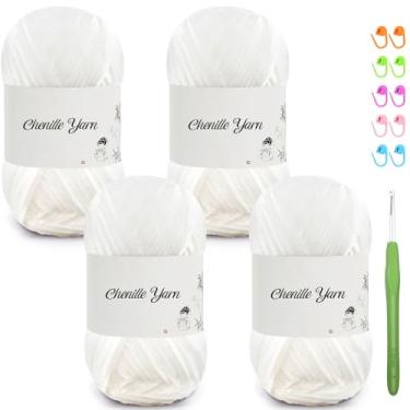 Imagem de SIMEIQI Pacote com 4 fios de chenille de 50 ml para crochê, 158 metros de fio de veludo macio e fofo, crochê ideal para cobertores de bebê, brinquedos, cachecóis, travesseiros, almofadas (branco)