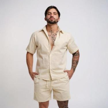 Imagem de Conjunto Linho Masculino Camisa Linho Bermuda Linho - Volgue, Bege, M
