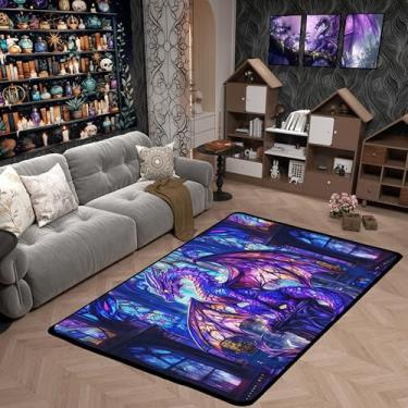 Imagem de Tapete infantil de dragão ocidental, asa voadora, dragão roxo, tapete de entrada para meninos e meninas, tapete geométrico antiderrapante de animais tríplice de conto de castelo, decoração de sala de