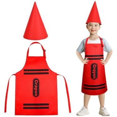 Imagem de Conjunto de 2 peças de avental de giz de cera colorido e chapéus de cone engraçados, conjunto de fantasia de giz de cera escolar para fantasia divertida de giz de cera, Vermelho, Standard
