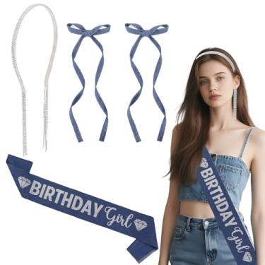 Imagem de Serencatcher Denim and Diamonds Birthday Accessories Set for Women Girls, Include Denim Fabric Birthday Girl Sash Hair Bow Clips and Rhinestone Headband for Blue Jeans Bday Party Decorations Gifts