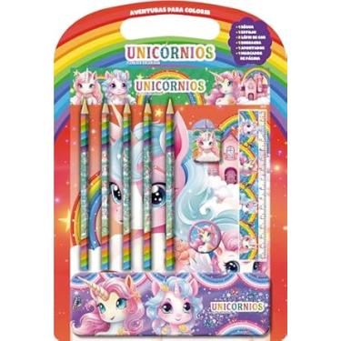 Imagem de On Line Editora Livro Infantil para Colorir Unicórnios com Kit (estojo, 5 lápis, régua)