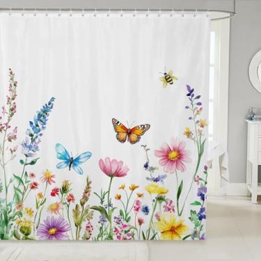 Imagem de Feelyou Cortina de chuveiro borboleta para decoração de banheiro, cortina de banho floral para barracas, banheiras, acessórios de banheiro boêmio, tecido de poliéster impermeável com 12 ganchos 183 cm