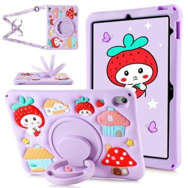 Imagem de Capa infantil para iPad 10ª geração para iPad (A16) 11ª geração 11 polegadas (2025) com alça de ombro giratória de silicone à prova de choque, capa protetora para tablet morango 10 polegadas, roxa