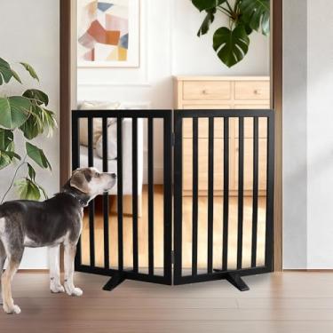 Imagem de ZJSF Portão interno independente para cães para casa, portão dobrável de madeira para filhotes, portão de animais de estimação para escadas, cerca extra larga para animais de estimação, preto, 81 cm