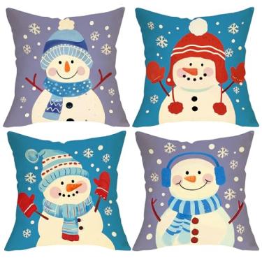 Imagem de Fjfz Conjunto de 4 capas de almofada decorativas de boneco de neve de inverno 45,7 x 45,7 cm, azul roxo, floco de neve, varanda, decoração de casa, decoração de casa, sofá sazonal de Natal