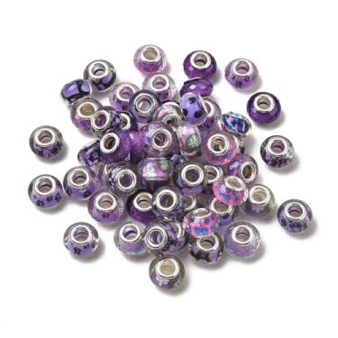 Imagem de 30 peças sortidas lilás transparente resina contas europeias 14 x 8,5 mm impresso glitter pó grande buraco contas Rondelle espaçadores para pulseiras DIY canetas, chaveiro fabricação de joias
