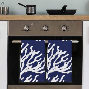 Imagem de Conjunto de 2 toalhas de cozinha coral azul marinho com 2 panos de prato e panos de prato macios absorventes toalha de mão toalha de chá para secar pratos, cozinha, banheiro, decoração de casa