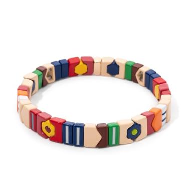 Imagem de Pulseira de arco-íris esmaltada de azulejo para mulheres e homens liga elástica colorida contas quadradas empilháveis joias presente, One Size, Liga de aço, Sem Pedra Preciosa