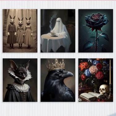 Imagem de 6 peças de impressões de arte de parede góticas, decoração de academia escura, decoração de parede com caveira floral cottagecore, corvo fantasma, coelho, morcego, pintura gótica para cozinha