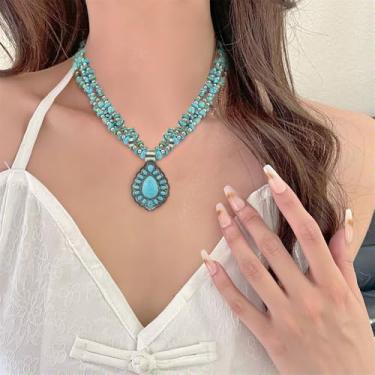 Imagem de Colar gargantilha vintage turquesa com contas para mulheres, feito à mão, boêmio, ocidental, em camadas, pedras preciosas, colares com pingente grosso, estilo boho, vaqueiras, retrô, joias de festa