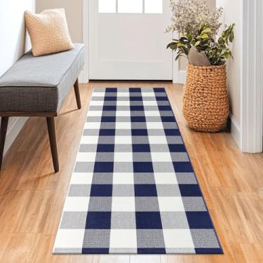 Imagem de Fixseed Tapetes quadriculados 6 x 1,8 m, azul marinho e branco, tapete xadrez de algodão para corredores, cozinha, quarto, sala de estar, varanda, casa de fazenda, decoração