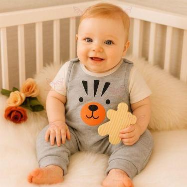 Imagem de Conjunto Macacão + Camisa Jardineira Urso Bebe Menino Vira Pé Temático