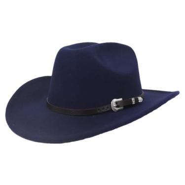 Imagem de Chapéu de cowboy masculino ocidental com chapéu Fedora de feltro boné feminino jazz cowgirl cloche igreja sombrero marinho adultos 57 a 59 cm