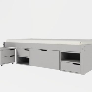 Imagem de Cama Solteiro com 3 Gavetas e Mesa de Cabeceira - Conjunto Completo em Madeira Maciça para Quarto Pequeno e Organização