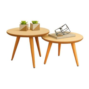 Imagem de Conjunto 2 Mesinhas De Centro Sala Madeira Redonda Pé Palito(Off White Freijó)