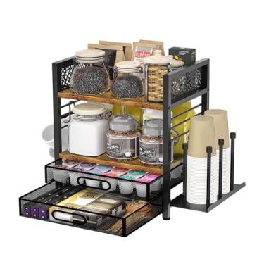 Imagem de VIPLEEO Organizador de cafeteria – Organizador de estação de café de 4 camadas para bancada, armazenamento de cafeteria com 4 ganchos, com gaveta de armazenamento de copo K e suporte de copo