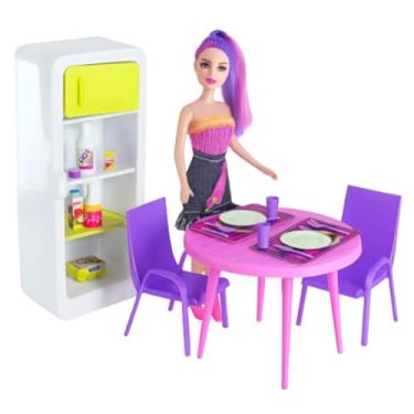 Imagem de Conjunto Boneca Fashion com Geladeira Cristal, Mesa Rosa, 2 Cadeiras Roxas, Acessórios de Cozinha, Jogo de Jantar em Miniatura para Meninas
