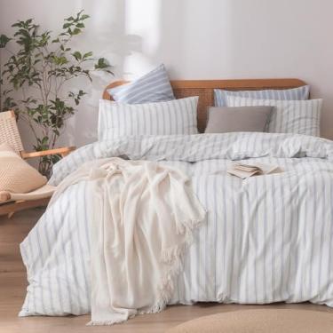 Imagem de BESTOUCH Conjunto de capa de edredom 100% algodão lavado e linho, super macio, confortável, chique, leve, 3 peças, conjunto de cama para casa, branco e centáurea, listras azuis, king