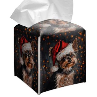 Imagem de Grace Yonks Capa quadrada de caixa de lenços de Natal, capa de cubo de chapéu de Papai Noel Yorkie para lenços faciais, couro PU de 13 cm (055)