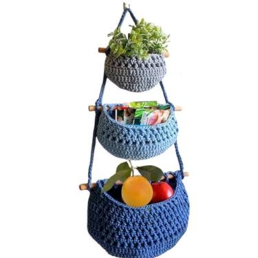 Imagem de Cesta de frutas pendurada, cesta de macramê de algodão de 3 camadas para cozinha, cabides de plantador interno.