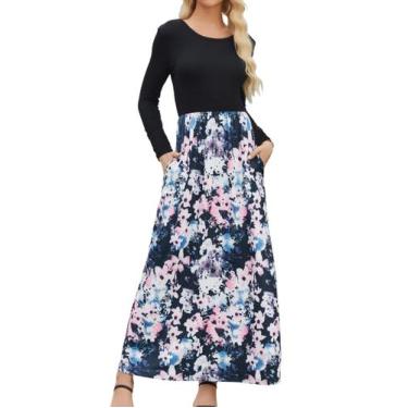 Imagem de Vestido maxi Supnier feminino casual de manga comprida com bolsos