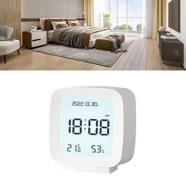 Imagem de Despertador infantil LED digital para ambientes internos, exibição de temperatura e umidade, design multifuncional para crianças, com tamanho portátil, formato 24 horas, material ABS