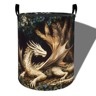 Imagem de amepay Cesta de roupa suja fantasia dragão, tecido Oxford dobrável com design florestal, cesto de roupas sujas à prova d'água com alças, organizador de brinquedos para banheiro, quarto, dormitório, 50