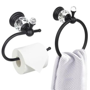 Imagem de Conjunto de 2 peças, suporte de papel higiênico série cristal preto, anel de toalha de parede com boca de parede, toalheiro de mão redondo dourado decorativo para banheiros
