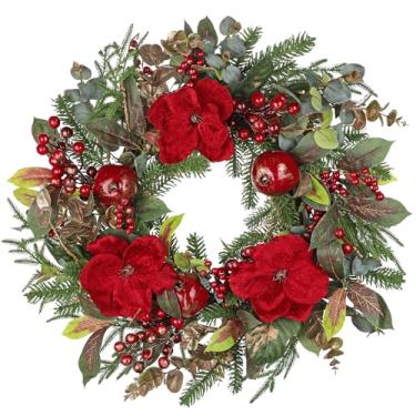 Imagem de Briful Guirlanda de Natal de magnólia vermelha de 66 cm com frutas vermelhas e romãs – Guirlanda de luxo para a porta da frente, guirlanda de inverno feita à mão com flores de veludo, folhas douradas