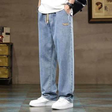 Imagem de Calça Jeans Masculina Y2K - Perna Reta e Larga, Azul Cinza com Cordão,