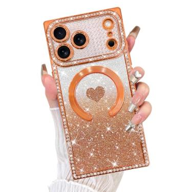 Imagem de Fiyart Capa projetada para iPhone 17 Pro Max, compatível com MagSafe Love Hearts Plating Soft Slim TPU retangular com glitter magnético à prova de choque para mulheres e meninas 17,5 cm - laranja
