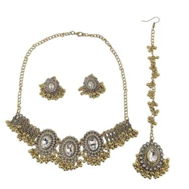 Imagem de Colar gargantilha étnica indiana Jhumka com borla oval de strass Maang Tikka Conjunto de 3 peças Boêmio Oxidado Tradicional Cristal Jhumki Retrô Bollywood Declaração Cigana Casamento Joias para