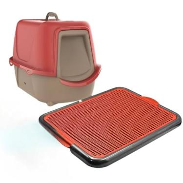 Imagem de Kit Caixa De Areia Fechada Para Gatos Grande Com Tapete Coletor Pa E Filtro Anti Odor(VERMELHO - NEW + TAPETE)