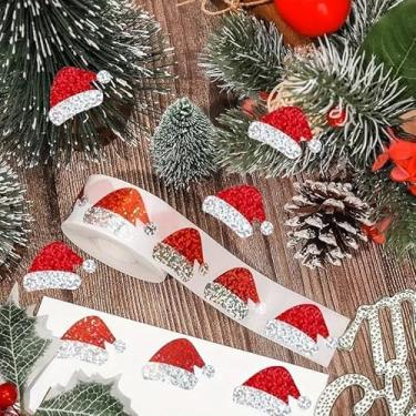 Imagem de 500 peças de adesivos vermelhos brilhantes de chapéu de Papai Noel, decalques à prova d'água autoadesivos cortados a laser para embrulho de presente de férias, cartões, envelopes, decorações de festa