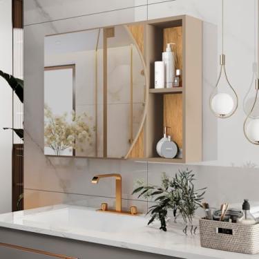 Imagem de Mobishop Armário de Banheiro com Espelho Arredondado, MDP/MDF, Branco Flex, 60x45x10 cm, Espelheira Suspensa com Nichos, Organizador de Parede, Design Moderno (Bege)