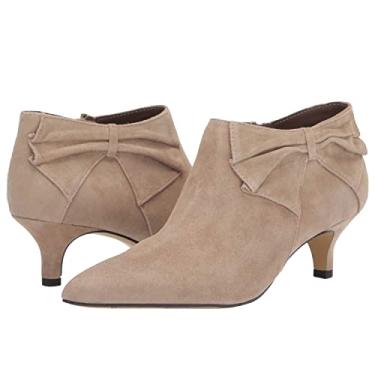 Imagem de MOOMMO Botas Chelsea femininas salto baixo gatinho camurça cano curto laço bico fechado zíper Chelsea botas 5.1 cm salto fivela fivela bota zip up vestido curto botas outono escritório casamento