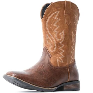 Imagem de IUV Botas de cowboy masculinas com bico quadrado largo, bota retrô ocidental, durável, clássica, bordada, sem fecho, botas antiderrapantes, Amarelo, marrom, 10 Wide