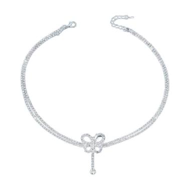 Imagem de Colar feminino com strass de borboleta cintilante, elegante gargantilha de camada dupla, colar com pingente de cristal delicado para festa ou presente
