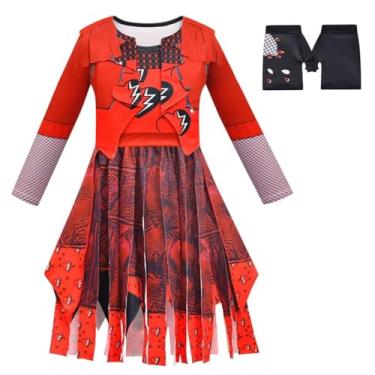 Imagem de JYKSDTUWS Fantasia de Halloween Descendentes Meninas Vestido Vermelho para Festa de Aniversário Roupas de Princesa Vestido com Luvas (Vermelho-1, 5-6X)